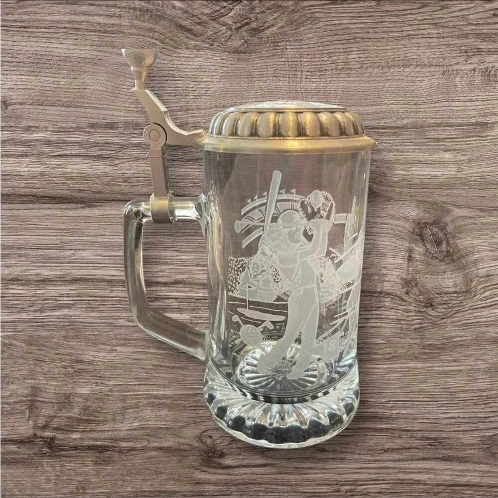 Vintage German Crystal Glass Beer Stein w/ Pewter Lid Set of 2